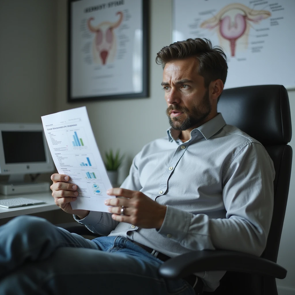 hyperrealistic 4K image of a man in his 30s sitting alone in a doctor's office, staring at semen analysis report with 'azoospermia', hands gripping paper tightly, worried and hopeless look, fertility diagrams on wall emoji
