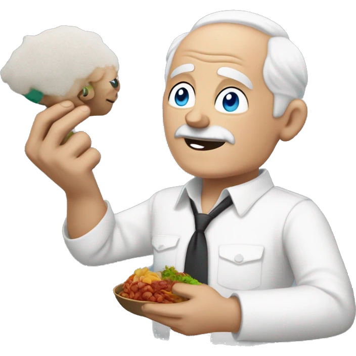 older man with white hair but no hair on top, blue eyes, wearing a white shirt with a little spot of dirt from food, holding  chines food in one hand and a BMW car key in the other  emoji