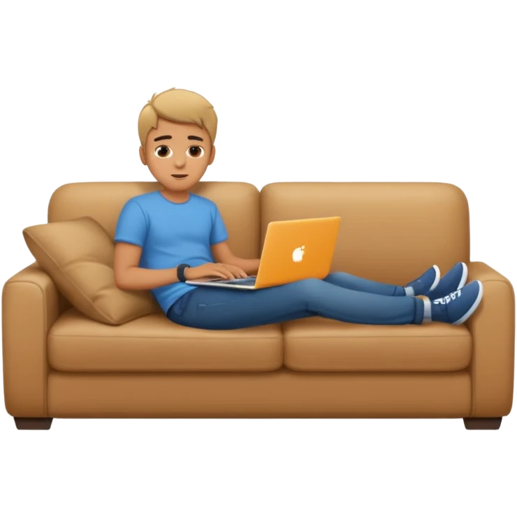 A young guy is lying on the sofa with a laptop emoji