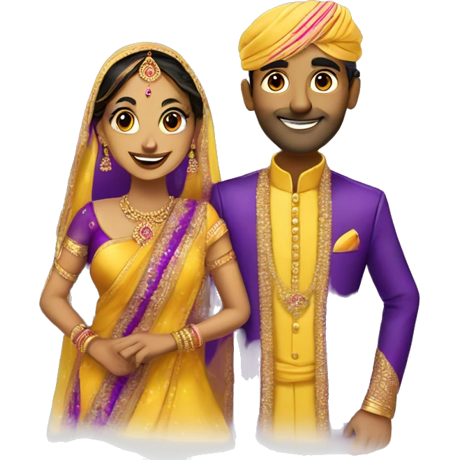 Indian bride and groom. Yellow saree and purple sherwani emoji
