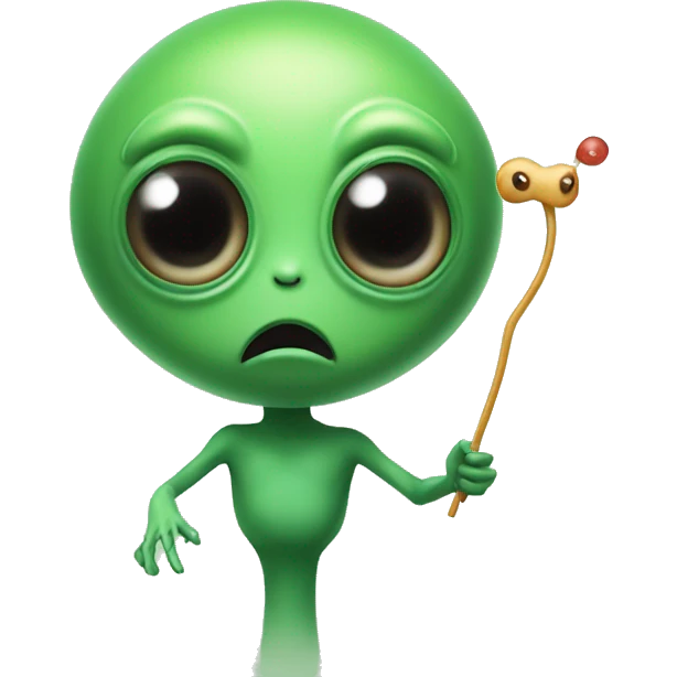 Big eyes, black eyes, a small circular nose, a lollipop-shaped antennae on his head, and a mouthless, cute, green, doll-like alien emoji