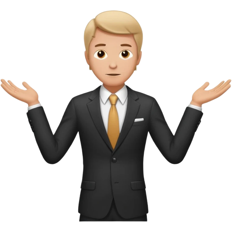 white man in formal suit spreads his arms, face thinking emoji