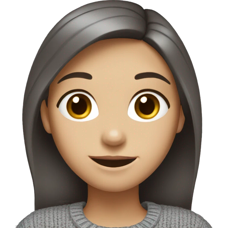 A girl with fair skin, blue eyes, dark brown hair, smiling, she's wearing a gray sweater emoji