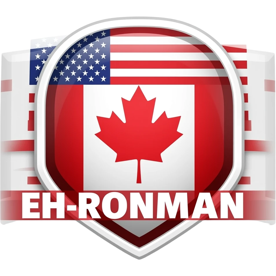 logo for eh-ronman events and the us and Canadian flag emoji
