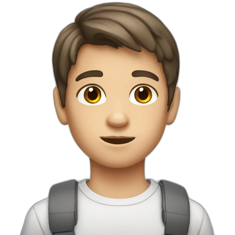 a 12-year-old boy with brown hair and gray eyes works at a PC emoji