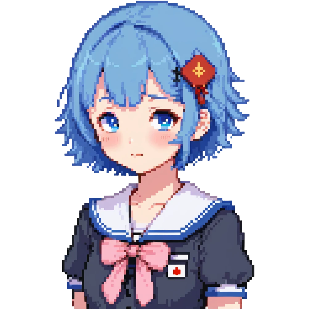 Pixel art anime girl with short bright blue hair wearing Japanese sailor style school uniform, standing with hand on hip but shyly glancing down with a small blush, small timid wave, very shy emoji