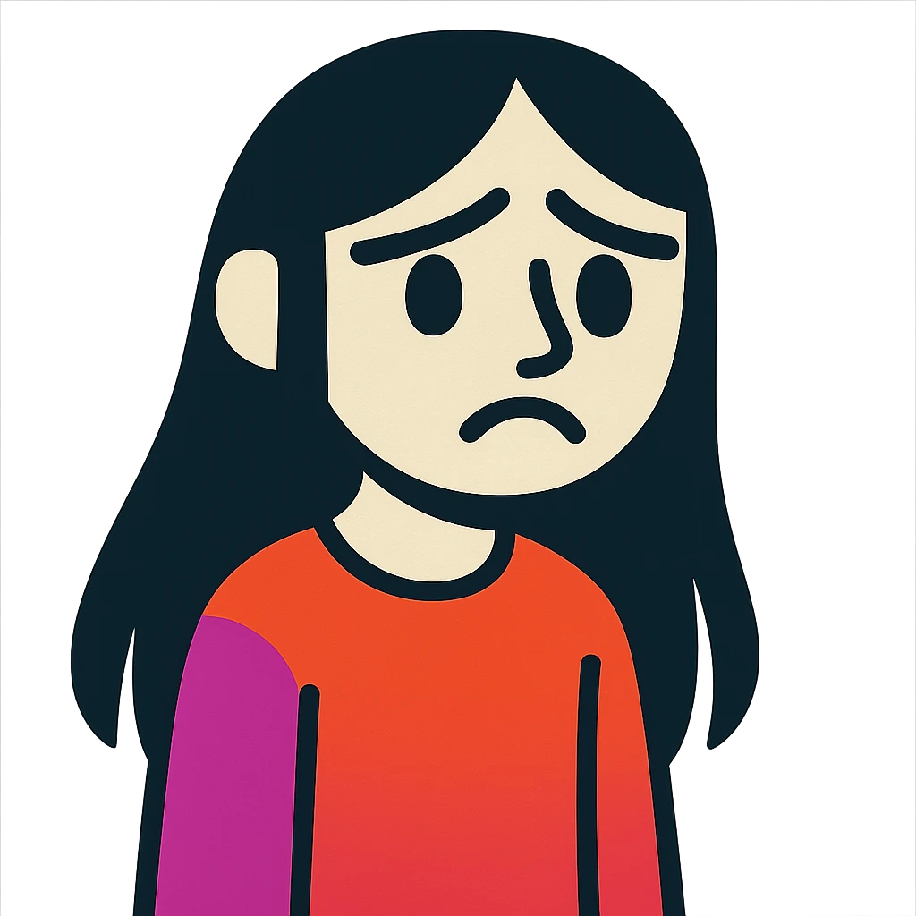 pale girl with long black hair, sad expression, vibrant toon style emoji