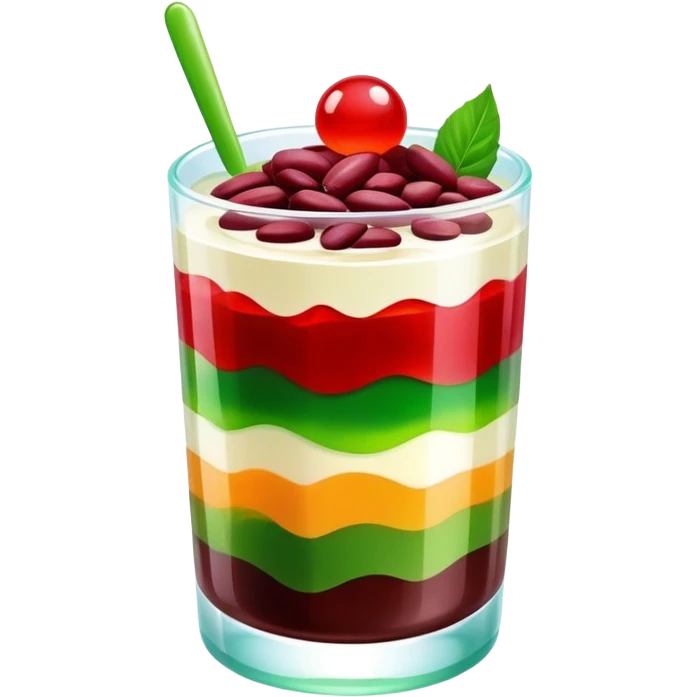chè ba màu, vietnamese sweet soup, colorful layered dessert in a glass, beans, jelly, and ice emoji