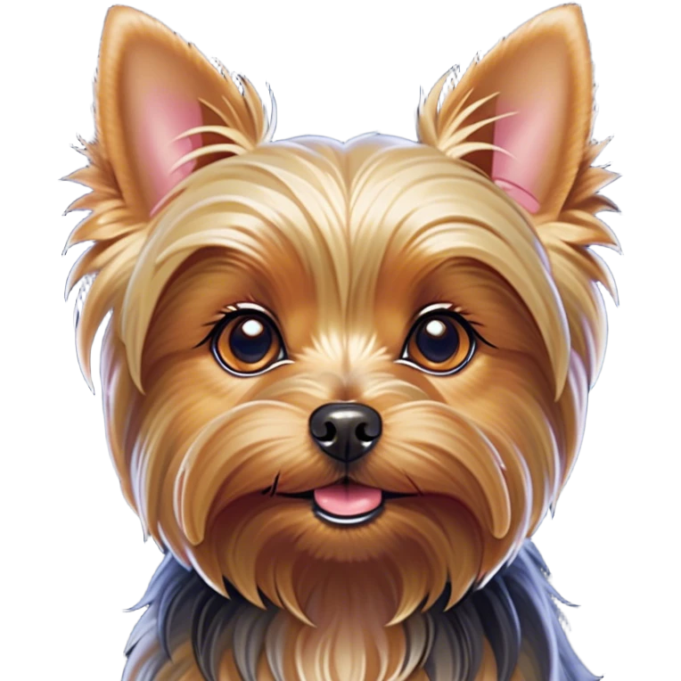Cinematic Cute Yorkshire Terrier Portrait Emoji, Head perked with bright, twinkling eyes and a perky expression, showcasing a soft, silky fur in rich hues, simplified yet adorably detailed, glowing with a cheerful, inviting glow, high shine, exuding playful intelligence and spunky charm, styled with a gentle, whimsical outline, capturing the essence of a cute Yorkshire Terrier that appears ready to frolic off the screen with irresistible energy! emoji