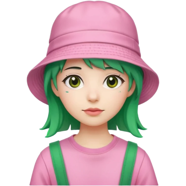 Stylish pink outfit with bucket hat, green hair emoji