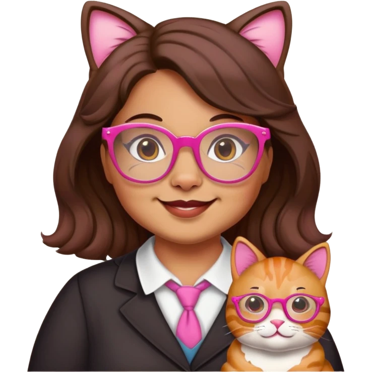 happy chubby English teacher, pink cat glasses, wavy dark brown hair, only the face, classroom background, emoji style, online class setting emoji