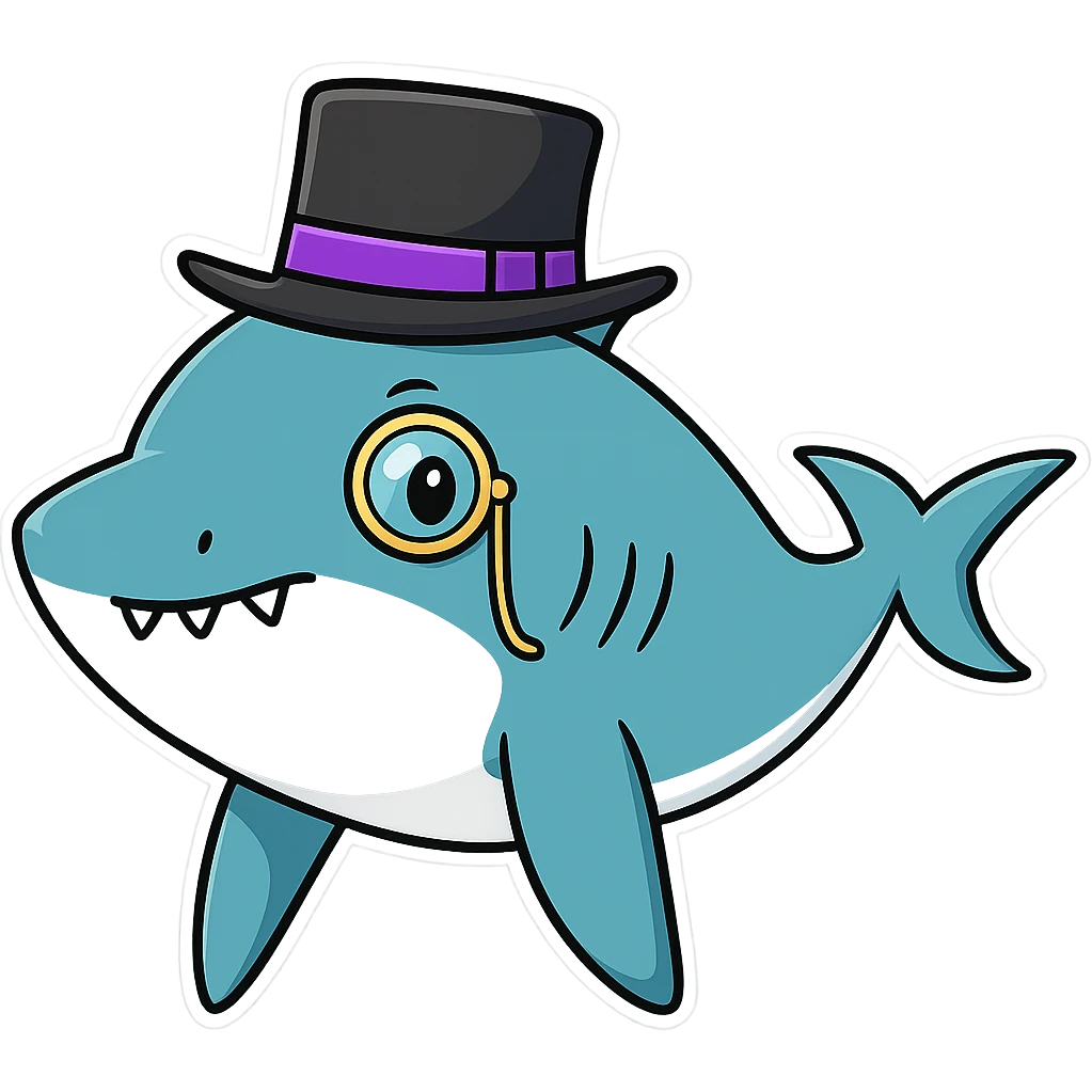 Add a monocle to the shark with a top hat, keeping the sticker style look. emoji