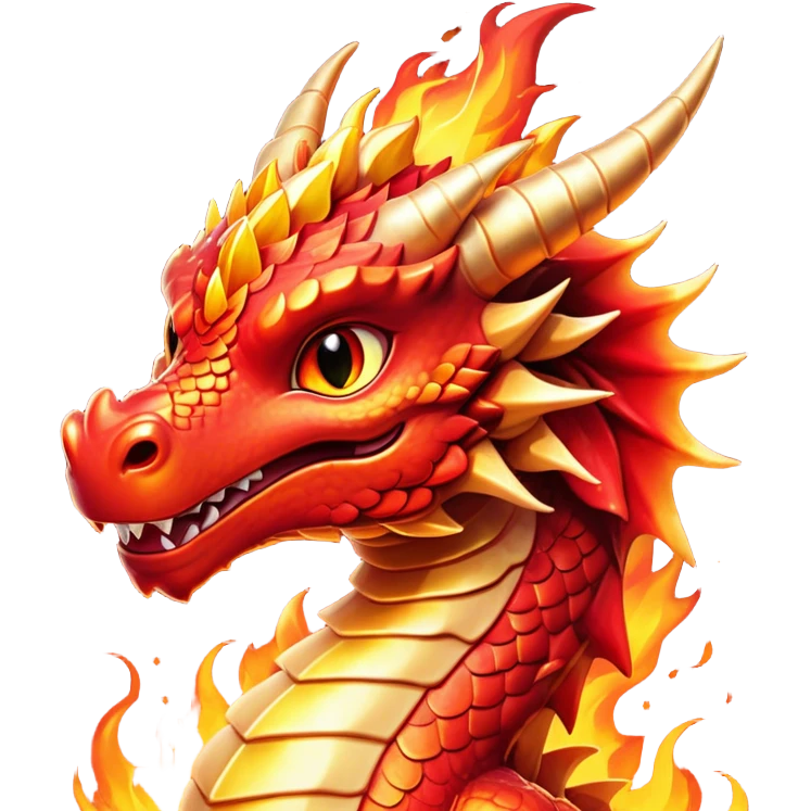 Cinematic Cute Fierce Fire Dragon Portrait Emoji, Head tilted playfully and inquisitively, showcasing a robust, flame-embellished form with intricately detailed scales in vibrant reds and glistening golds, accented by flickering ember highlights and a warm, inviting glow; rendered with lifelike detail and radiant natural light, high shine, spirited yet endearing, styled with a touch of blazing whimsy, soft glowing outline, capturing the essence of a mischievous yet charming inferno that seems ready to dance with playful fire! emoji