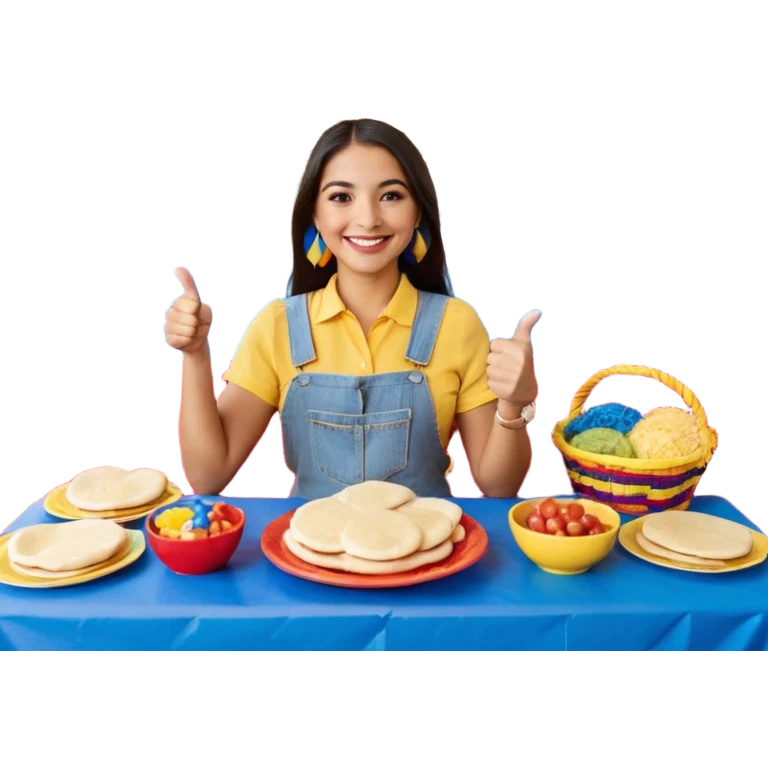 party table decorated with red blue and yellow colors, including a backdrops, balloons arch, streamers and more. On the table are intricate displays of colombian arepas, and baskets of money. In the forefront is a woman and man in simple clothing, big smiles and big thumbs up emoji