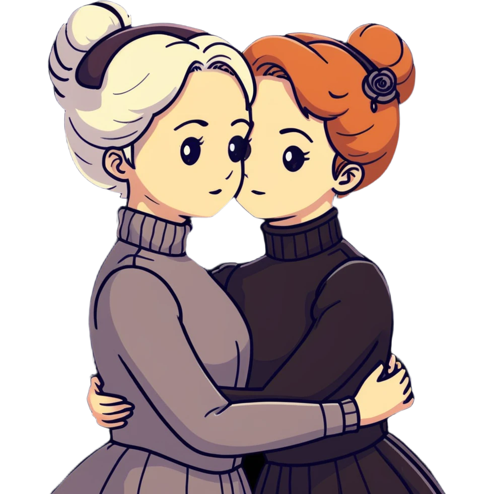 Two Victorian women with light eyes, one with bright white coiffed hair and one with dark copper coiffed hair, wearing Victorian turtleneck dresses, embracing each other in a sad, intimate hug emoji
