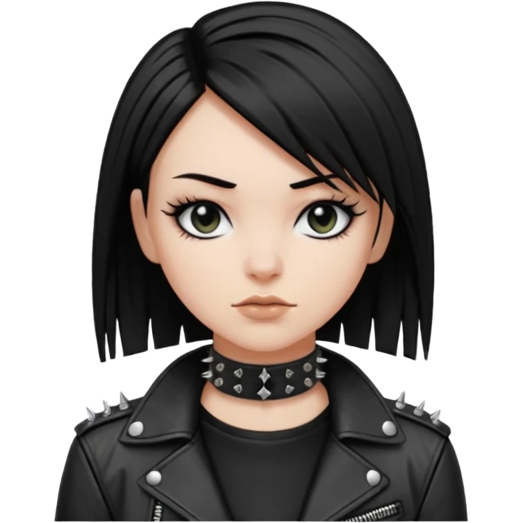 A white girl with Black eyes and black straight hair with a bob with a black spiked chocker with punk clothes with a leather jacket on emoji