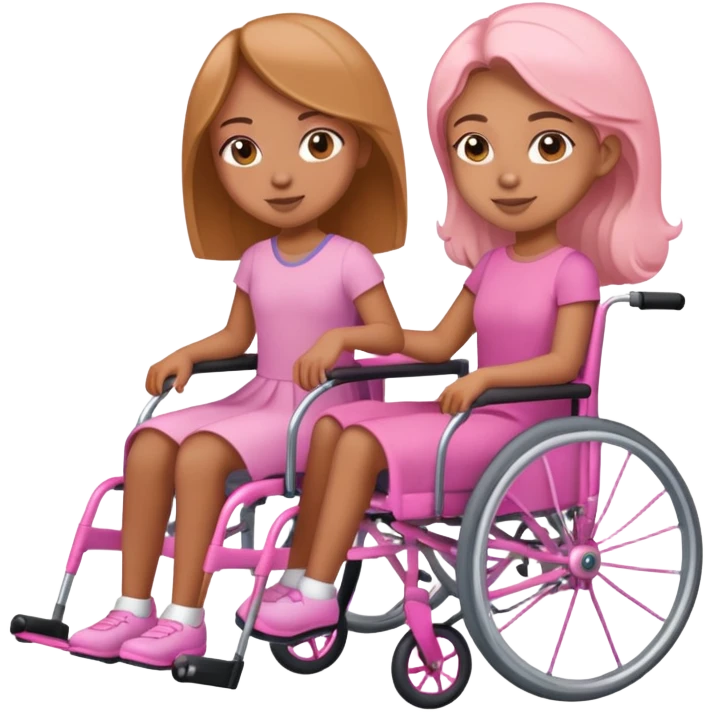 One tan skin sister pushing her light brown skin sister in a pink wheelchair emoji