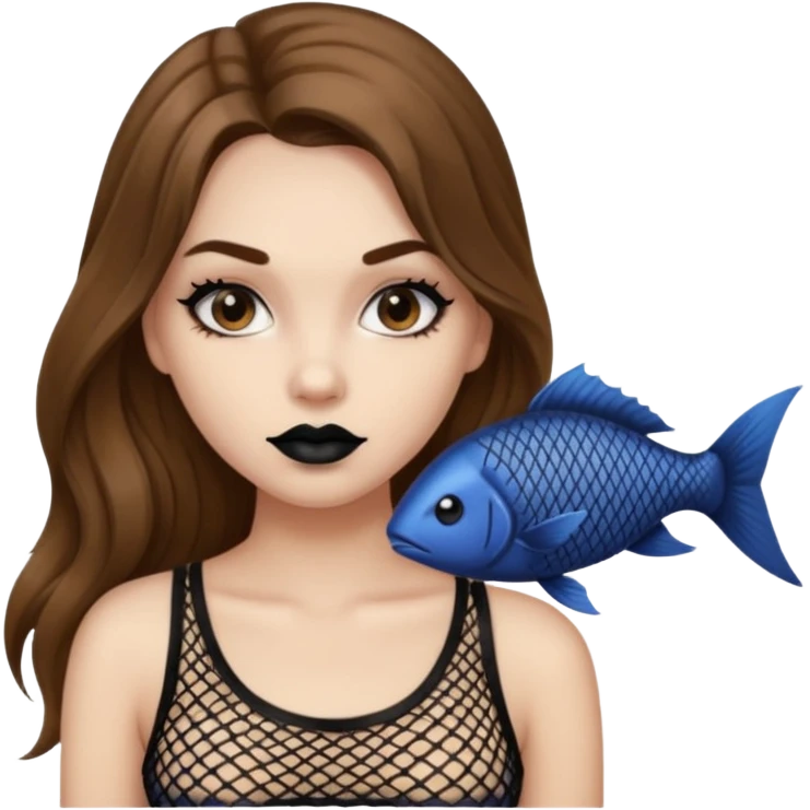 a pretty bratz fair girl with brown long hair styled well, looking like a baddie in a fishnet top and dark brown hair and black lipstick emoji