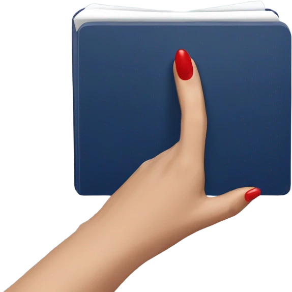 a female hand with a red manicure holds a dark blue notepad emoji