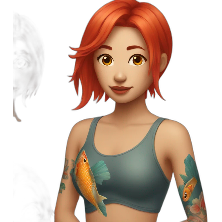 Red headed Asian girl with fish tattoo on shoulder emoji