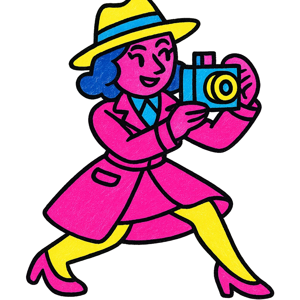 1930s private detective elegant woman, dynamic pose with camera, colorful art deco style emoji