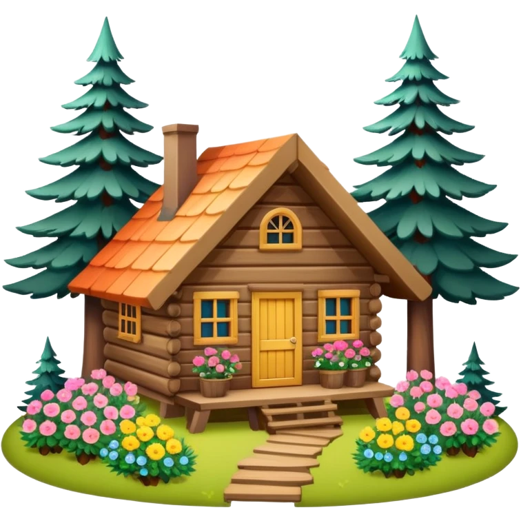 small cabin in the woods, surrounded by pines, with flowers around emoji