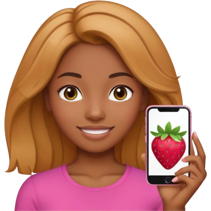 black girl with olive skin, natural-looking hair blending strawberry blonde and brunette tones, styled to suit her complexion, wearing a pink top, subtle smile, Apple iPhone emoji style emoji