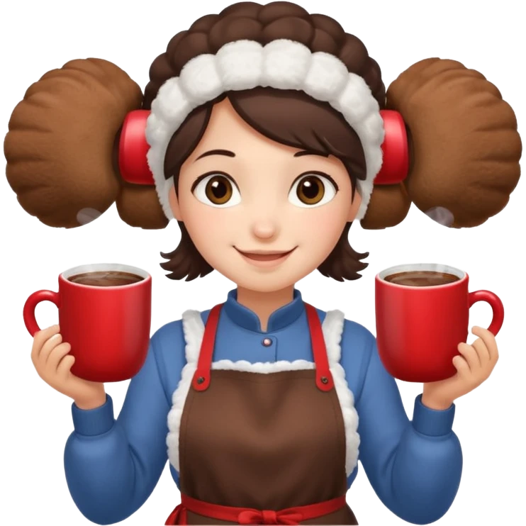 A cozy vendor with fluffy earmuffs, wearing apron handing out steaming cocoa with a warm smile. emoji