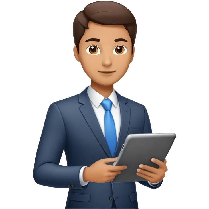 business executive confidently, holding a digital tablet or folder. The character wears smart business attire emoji