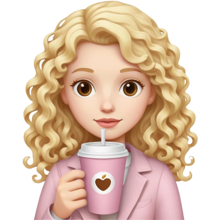 A white girl with long blonde curly hair and a pale pink paper cup of coffee emoji