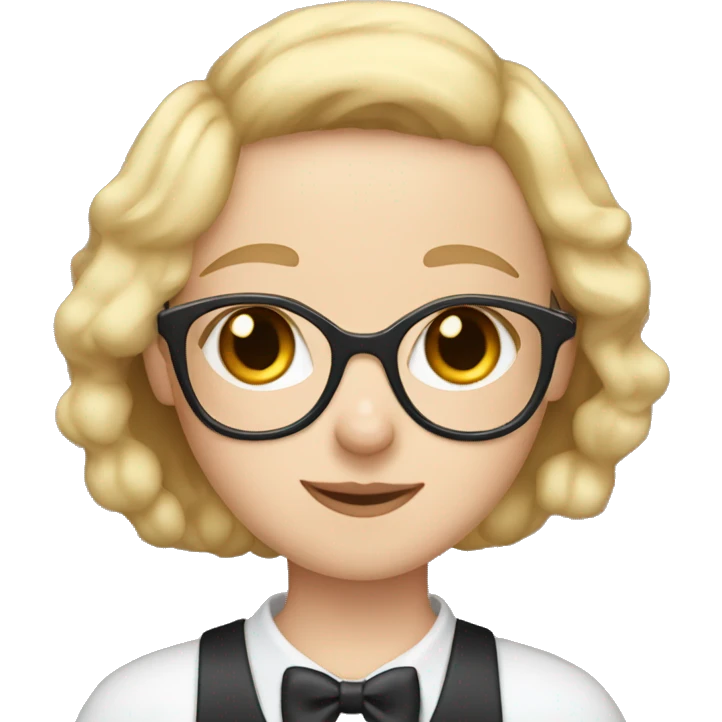 Girl with short blonde hair, glasses, and blue eyes, holding two tuxedo cats emoji