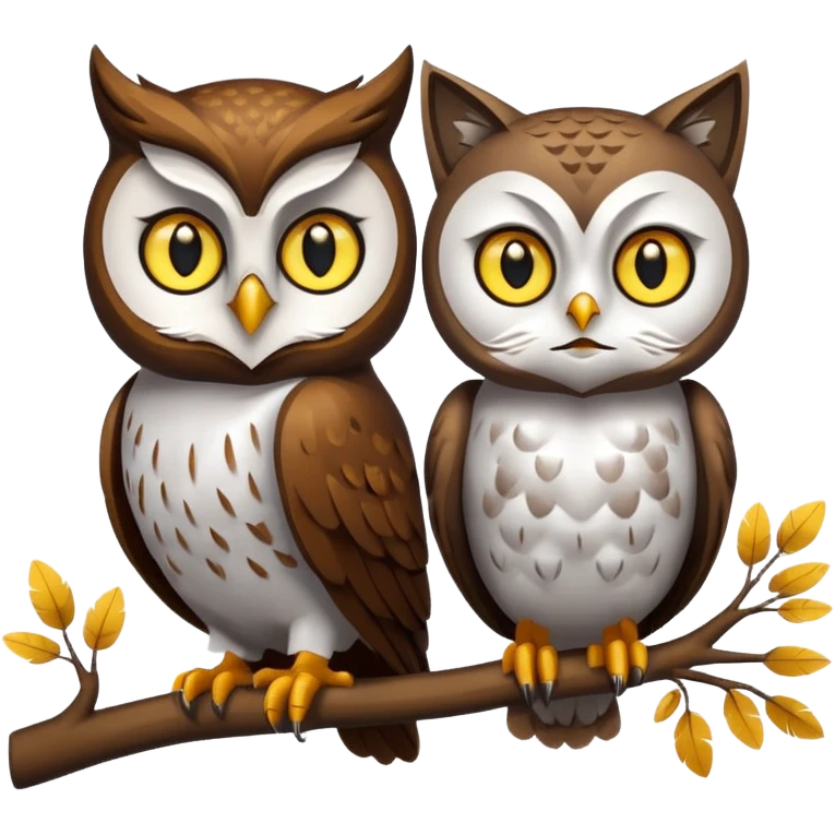 Owl on a branch with a cat's head with only one owl emoji