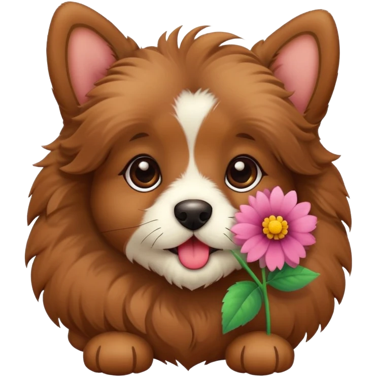 A brown fluffy puppy with a flower in it’s mouth emoji