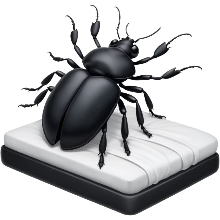 Black beetle laying on its back with its legs up in a bed emoji