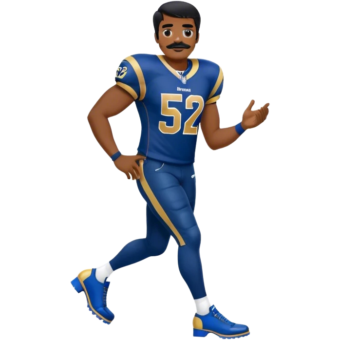 Chill guy in LA Rams jersey  with nu.ber 52. Black hair black mustache. Full body. Blue heels emoji