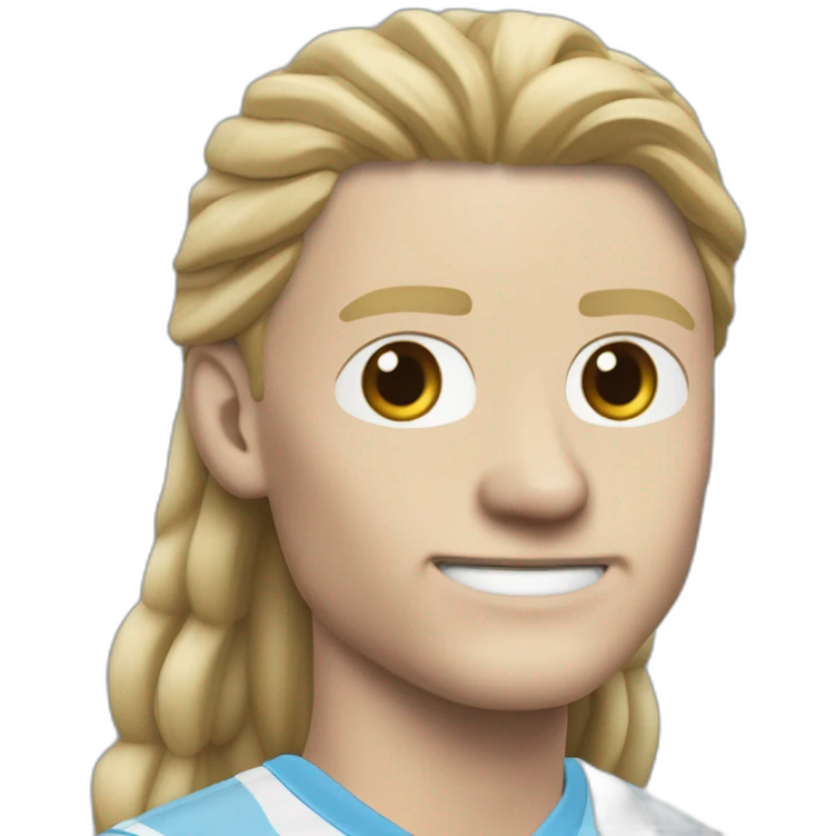 Realistic Erling Braut Haaland has long hair, in a catogan. He is wearing Manchester City football shirt.It has the numéro 9 emoji