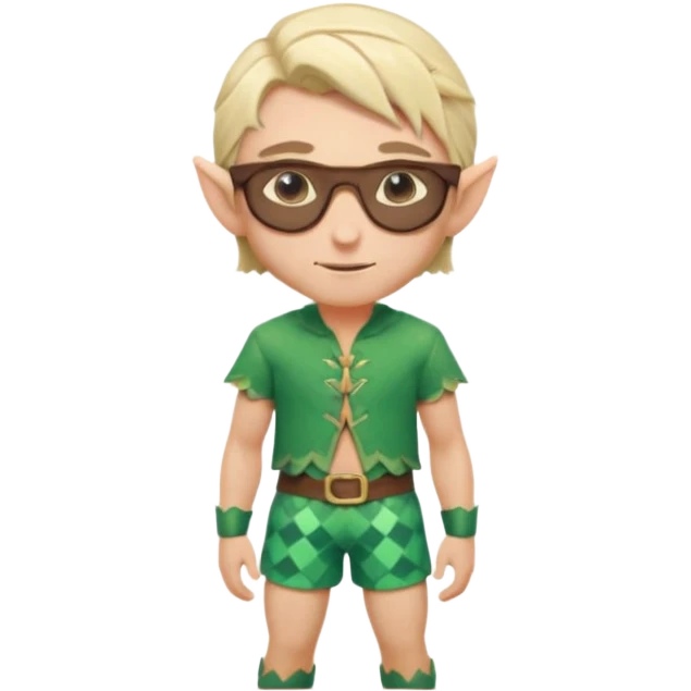 elf male legolas portrait, patterned board shorts (geometric/abstract), unique wooden-framed sunglasses, undercut hairstyle, slight smirk, visible pointy ears, no background, centered emoji, hipster summer vibe emoji