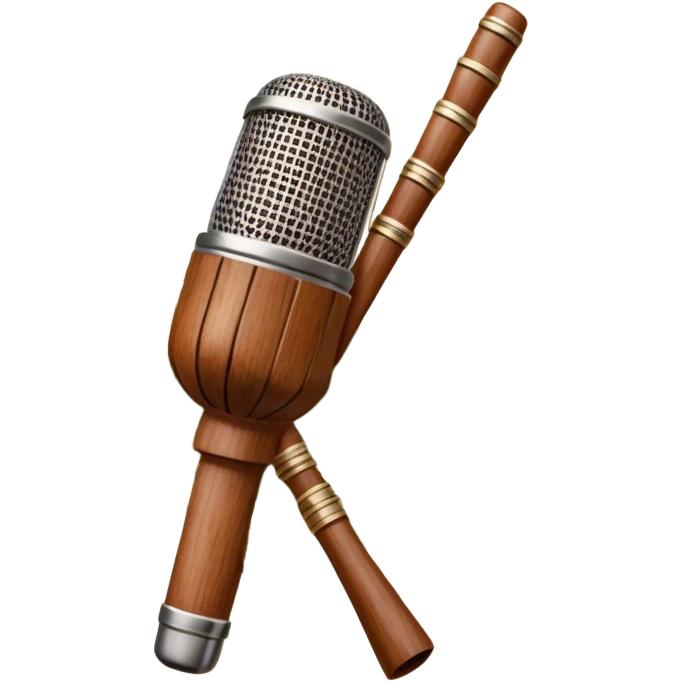 Create a traditional and warm emoji representing folk singing, using a humanless collage. The design should feature a rustic wooden microphone or an old-fashioned folk instrument like a balalaika, gusli, or a domra, placed alongside traditional elements such as a hand-woven scarf or a wooden flute. Include natural, earthy details like wildflowers, musical notes, and rustic textures, evoking the feeling of folk music in its purest form. Use warm, earthy colors like brown, gold, red, and green to create a cozy and organic vibe. The background should be transparent. emoji