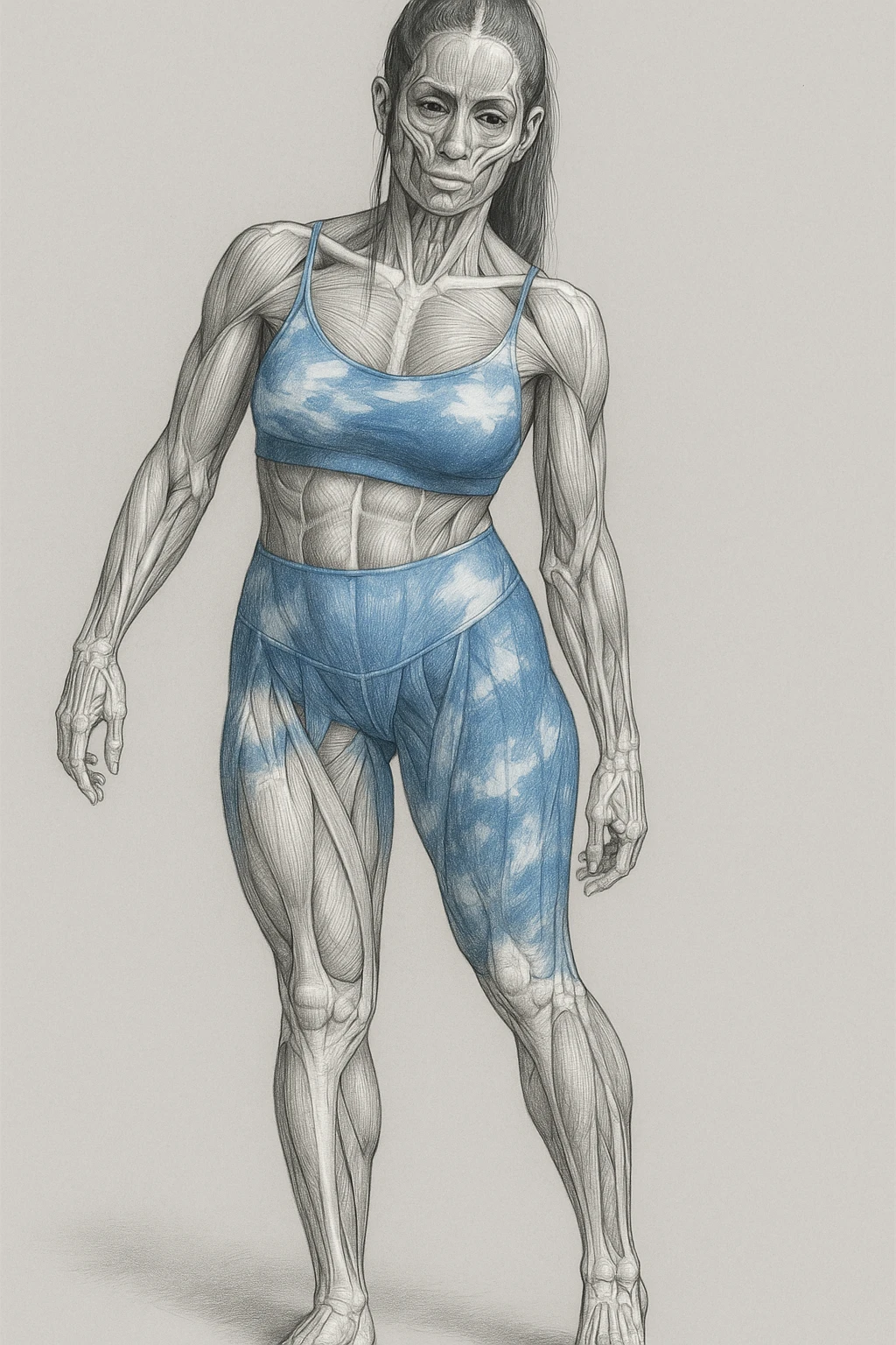 A realistic medical style illustration of a woman in sportswear with an asymmetric posture, showing visible muscles and bones, neutral background, vertical format. emoji