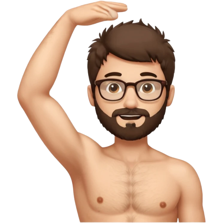 iOS emoji-style cartoon, light stubble, glasses, wide eyes, neutral skin tone, shirtless , very hairy chest , one arm up very hairy armpit. Lots of body hair  emoji