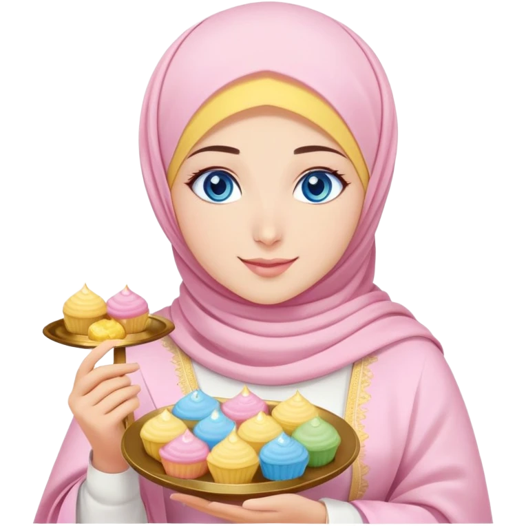 Turkish beautiful finish Konya girl blue eyes with powder pink yellow hijab islamic dress and had on her hand text Eid Mubarak with sweets and celebrating with her friends eid days   emoji