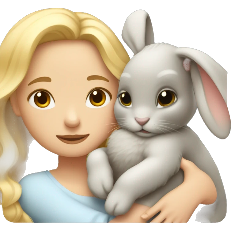 Blond wavy hair girl cuddling a honey grey rabbit emoji