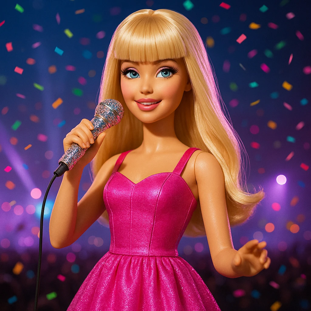 Pretty and girly Blonde pop star with bangs, holding a bedazzled microphone, reimagined as a Barbie doll, with a nighttime concert backdrop with colorful confetti emoji