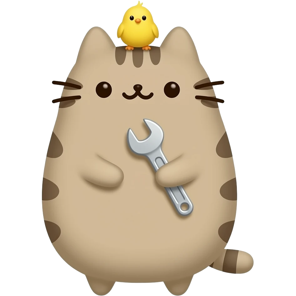 pusheen the cat with a small yellow bird on his head and holding a spanner. the image must be a transparent .png emoji