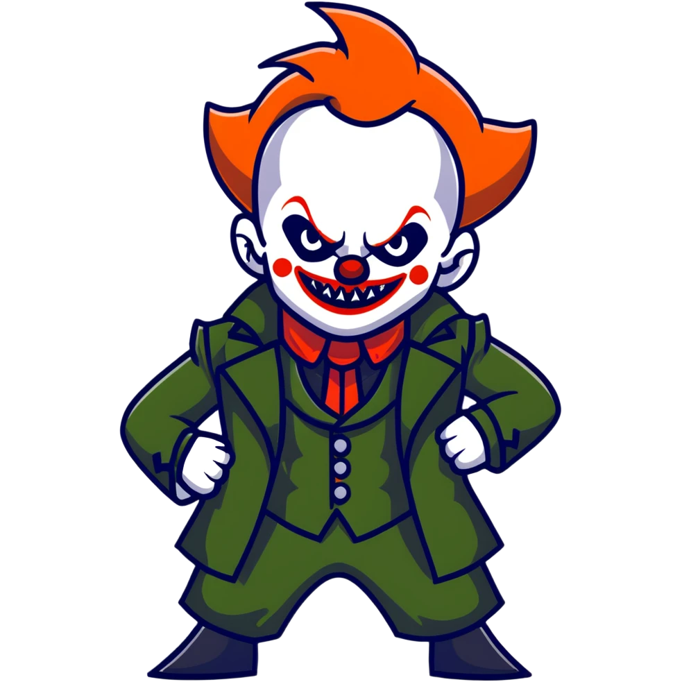 evil clown warrior, bald, small black horns on forehead, fangs, pointed ears, eye patch over one eye, long coat over black and military green leisure suit with bellbottom pants, realistically proportioned, less bulky, full body visible, battle-ready fighting posture emoji