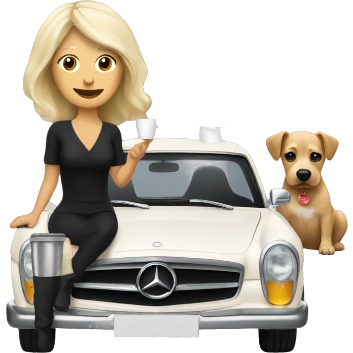 Dog and blonde woman in black Mercedes drinking coffee emoji