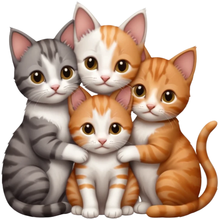 6 tiny kittens cuddling together all different colours, the first one is grey and white, the second is ginger and white and the third is brown tabby and white emoji