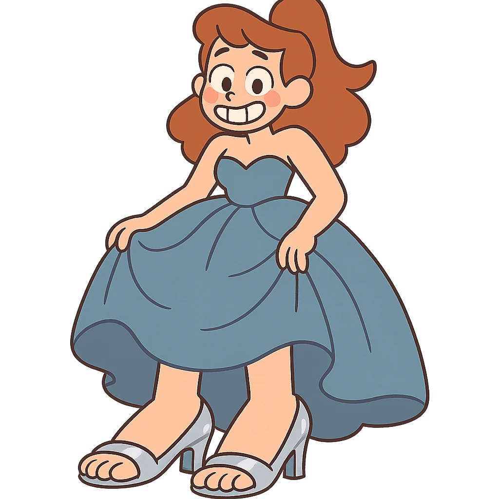 girl with big feet wearing silver heels and a big blue-grey prom dress emoji