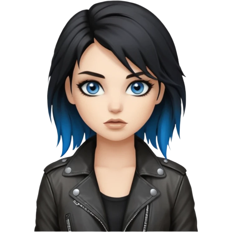 
 rockstar girl with black disheveled hair, blue eyes, Smokey eyes grunge makeup,  emoji