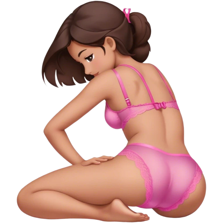 brunette intimate sfw cute pink lingerie pose bending arched curved IN back on hands and knees face down from behind emoji
